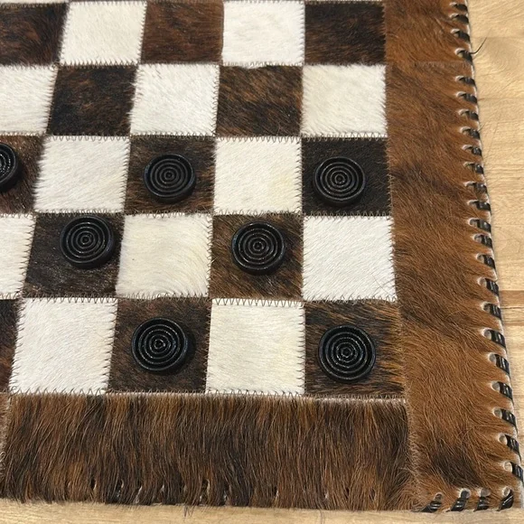 Handcrafted Cowhide Checkers Set - Brown and Black - Picture 4 of 10